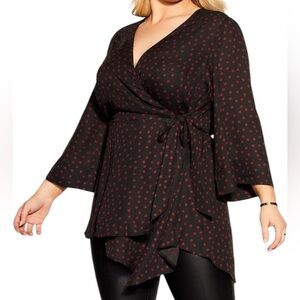 CITY CHIC POLKA DOT BLACK BURGUNDY KIMONO SLEEVE CRISS CROSS TUNIC TOP 18